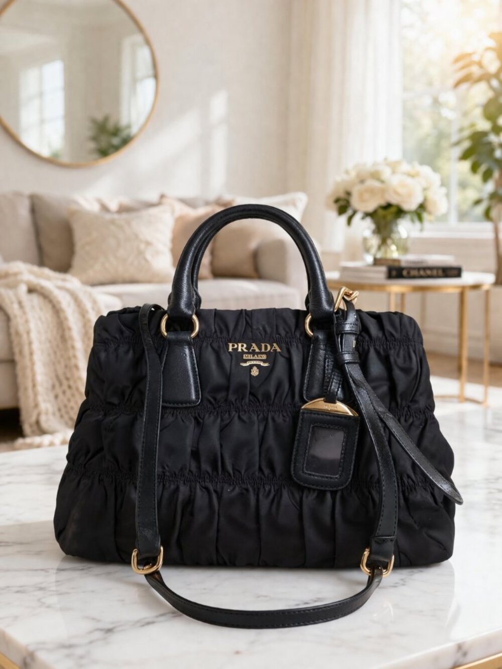 Prada Black Tessuto Gaufre Nylon Ruched Satchel w/ Strap Gold Hardware